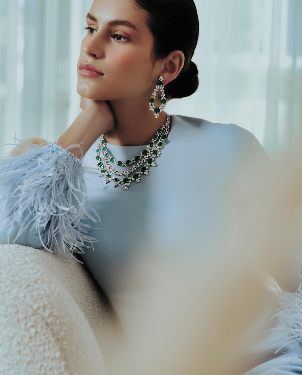 Exclusive Bridal White Gold, Emerald, and Natural White Diamonds