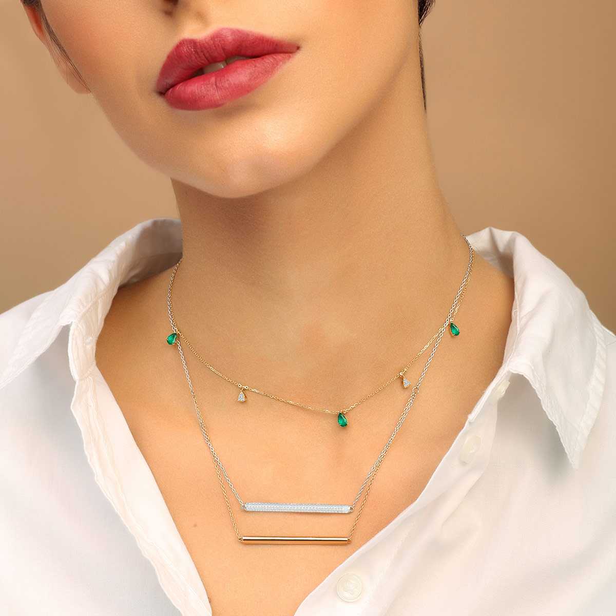 Green Tsavorite & Illusion Drop Diamond Necklace In 18 K Yellow Gold From Chokers Collection
